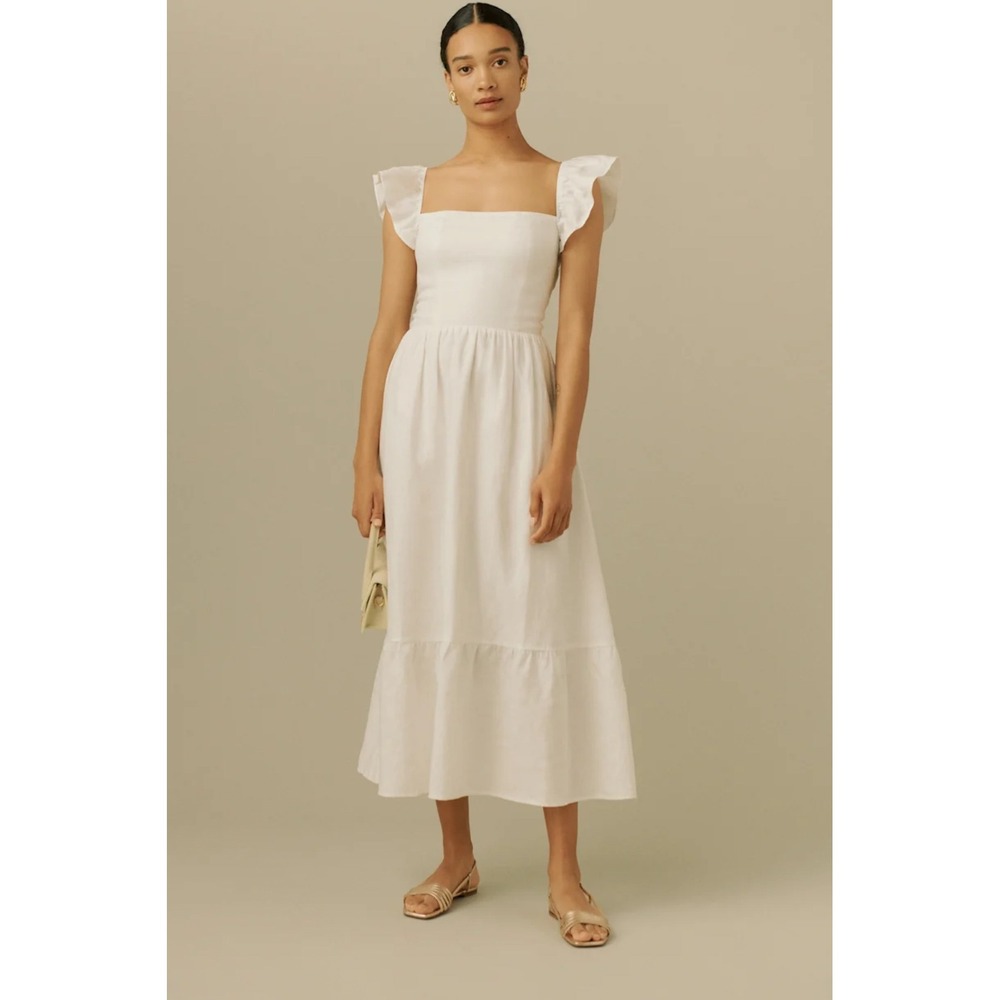 Reformation White / Cream Midi Dress with Ruffle Straps